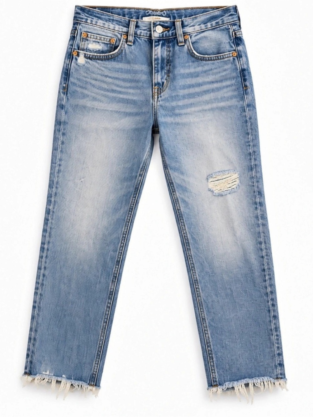 ÉTICA Rhea Mid Rise Straight Jeans Size 29 Light Wash Distressed Crop Denim